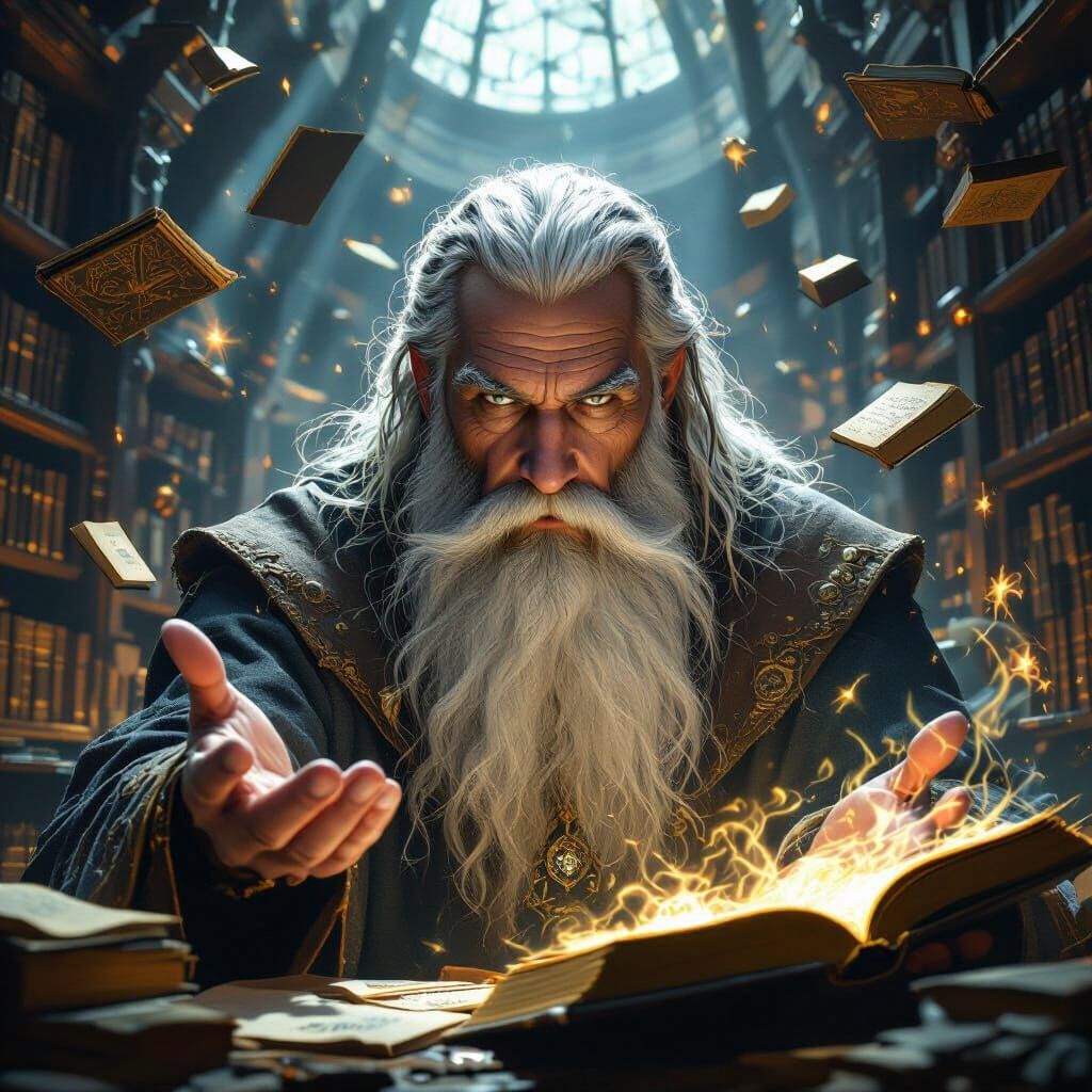 Intense Wizard Gaze in Arcane Library, Photorealistic Art