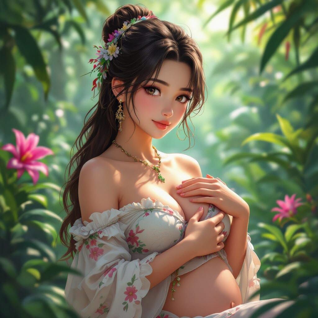 Anime-Inspired Breastfeeding Scene in Lush Jungle