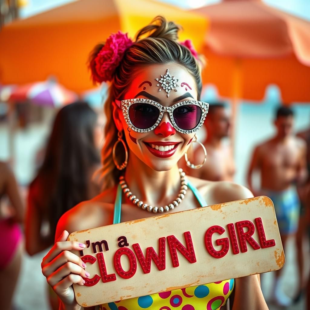 Woman in Clown Makeup at Beach Party