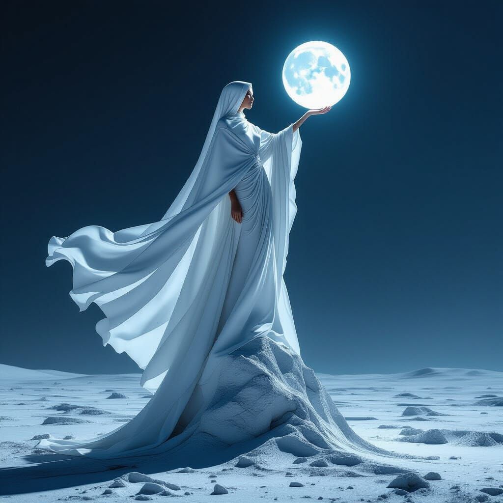 Ethereal Figure on Abstract Sculpture in Moonlit Landscape