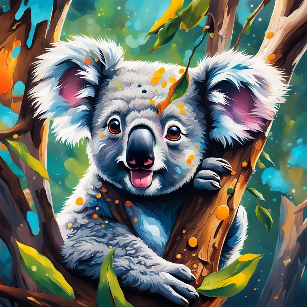 Realistic Baby Koala in Gum Tree, Graffiti Art