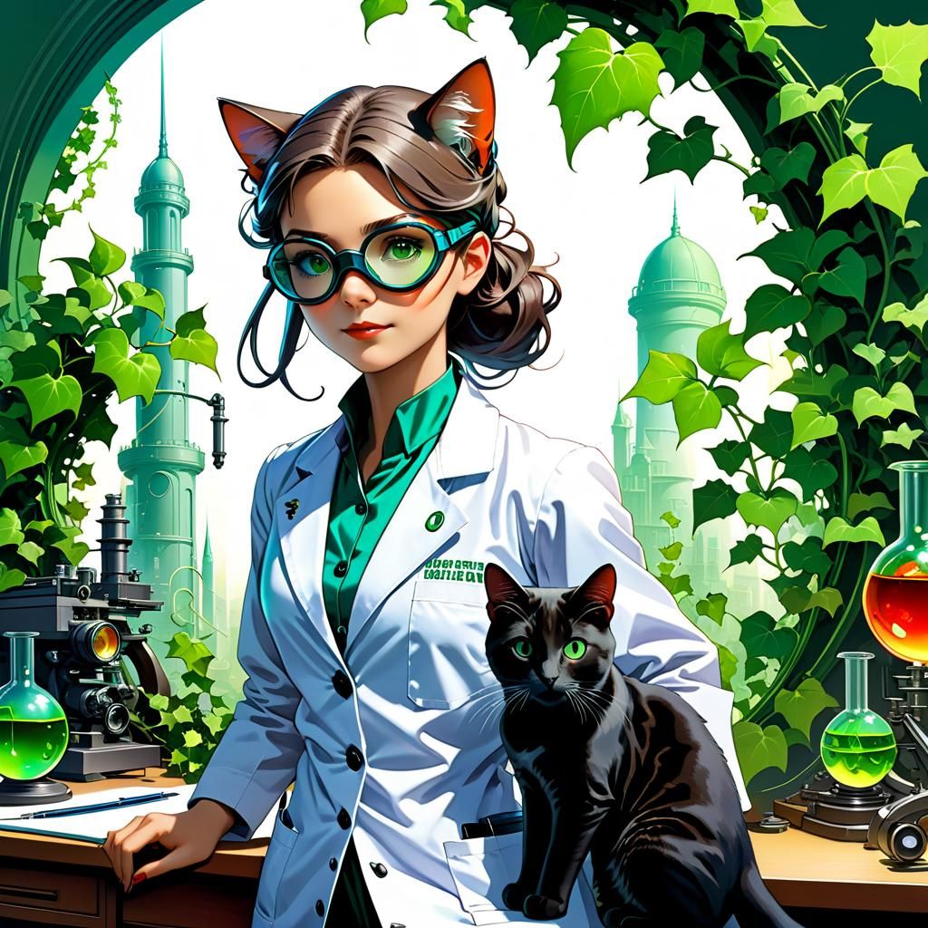 Female Scientist with Cat in Vibrant Cel-Shading