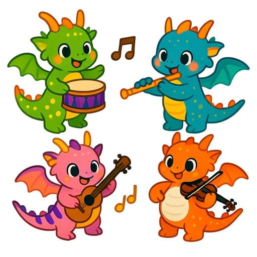 Playful Baby Dragons with Instruments in Cartoon Style