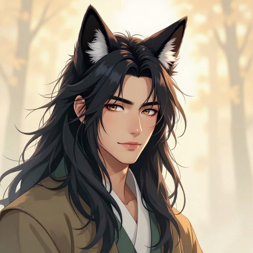 Ethereal Japanese Kitsune Man in Dreamy Watermark Style