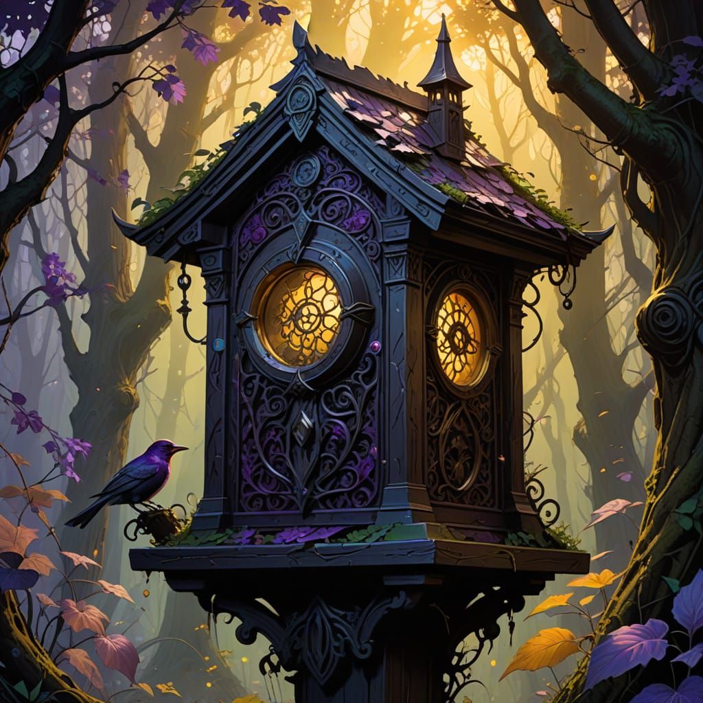 Mystical Birdhouse in Dark Fantasy Forest