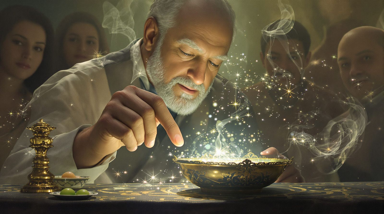 Fatherly Figure Interacts With Mystical Brass Bowl