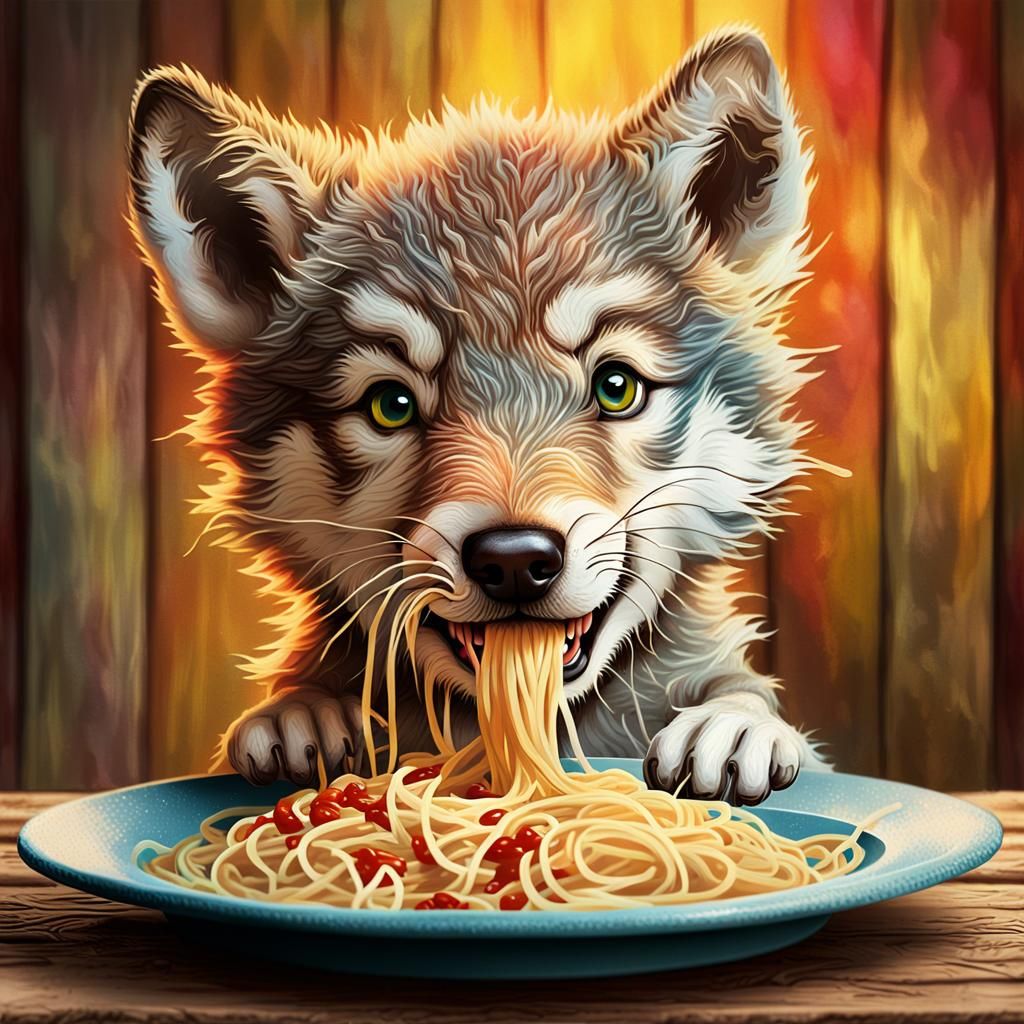Wolf Puppy's Spaghetti Feast in Splash Art Style
