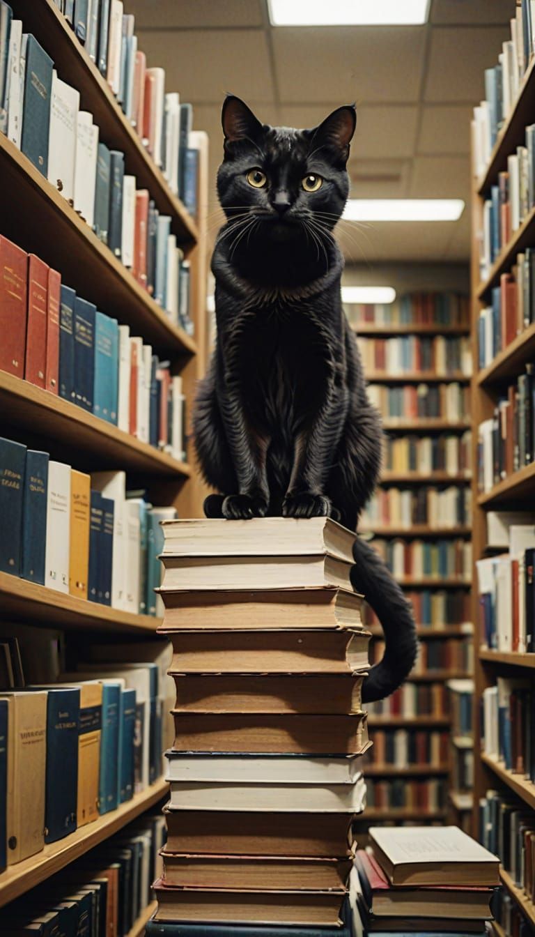 Cat Reaches for Library Book on Book Pile