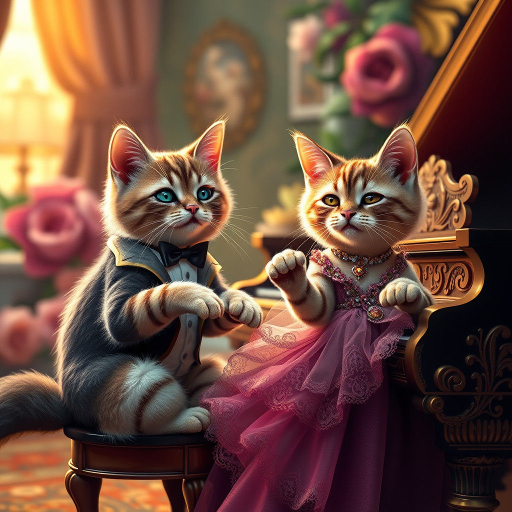 Cats Play Piano Duet in Fantasy Concept Art