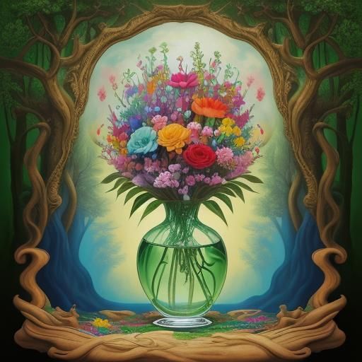 Surreal Flowers in Glass Vase, Salvador Dali Style