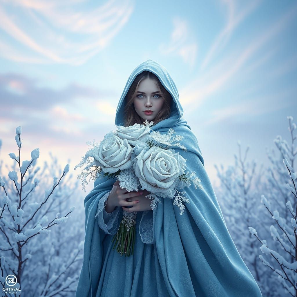 Majestic Snow Rose Bouquet in Winter Wonderland Scene