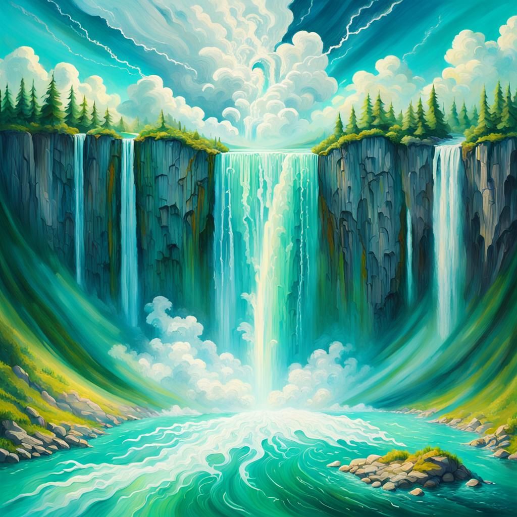 Surreal Waterfall Flooding Earth as Vivid Oil Painting