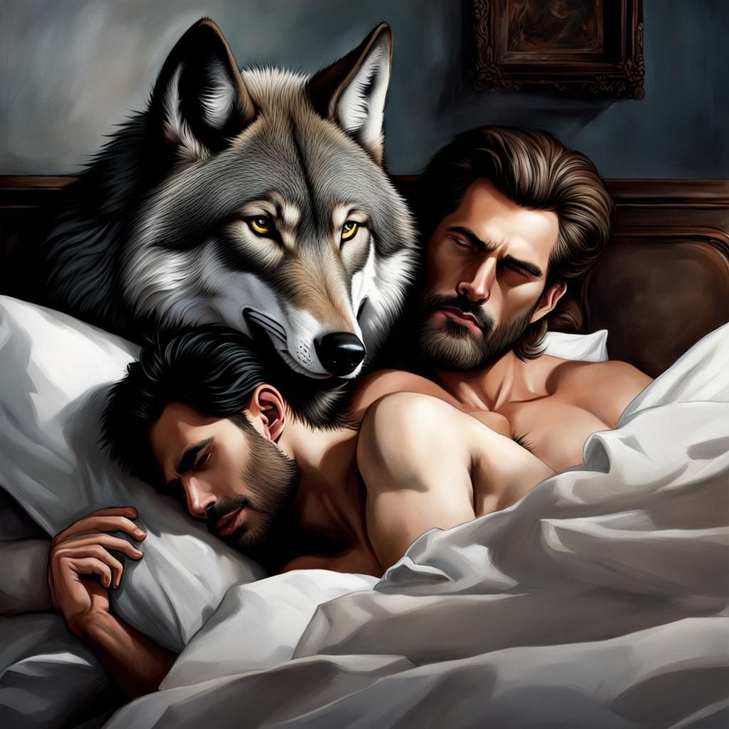 Man and Wolf Affection in Bed, Realistic Style