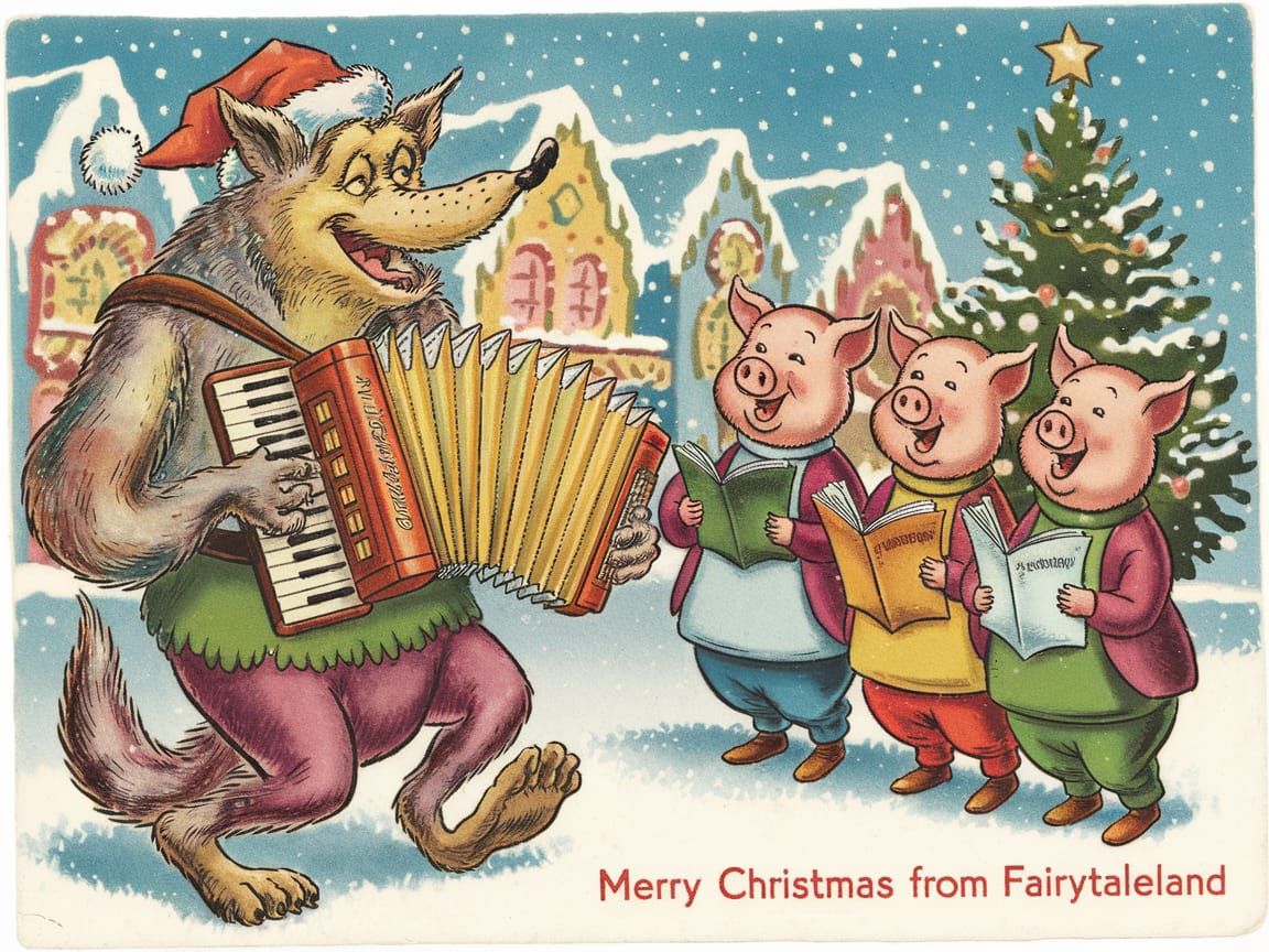 Big Bad Wolf and Pigs Christmas Caroling Postcard