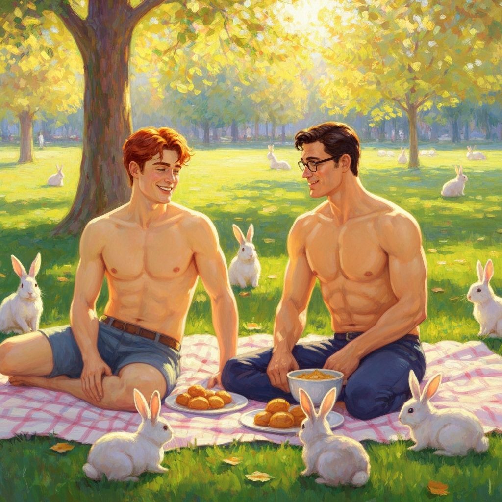 Jimmy Olsen and Clark Kent Picnic with Bunnies in Park
