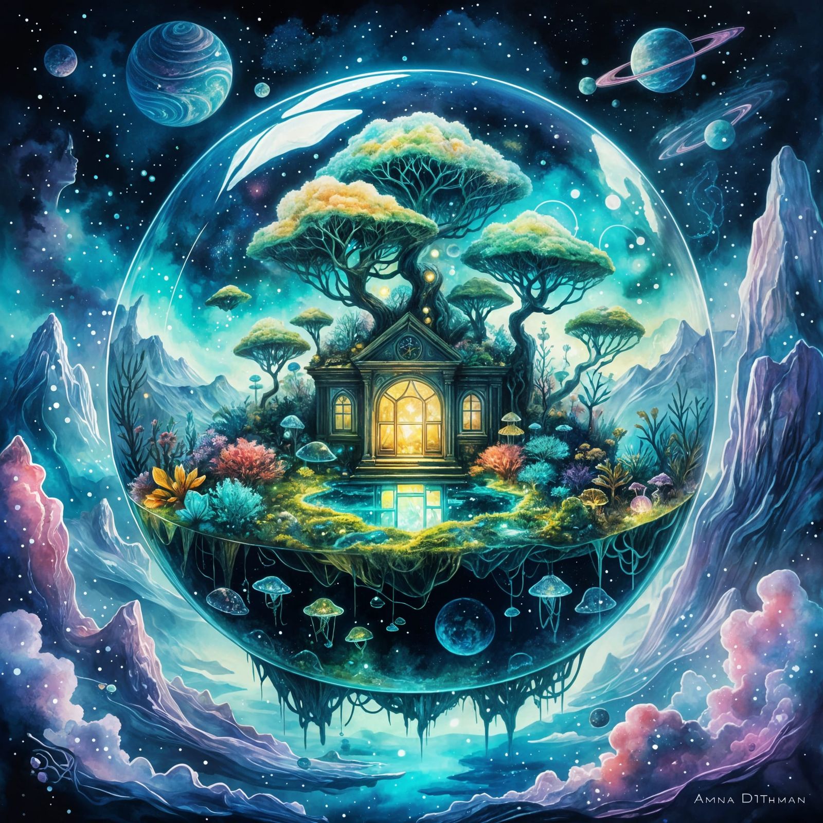 Mystical Floating Terrarium in Vibrant Watercolor