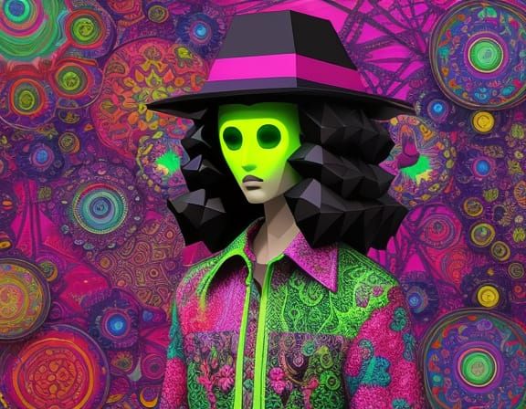 Surreal Figure in Garish Room, Psychedelic Art Style