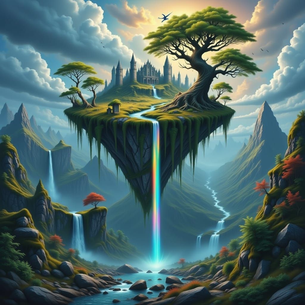 Fantastical Floating Island in Swirling Azure Sky