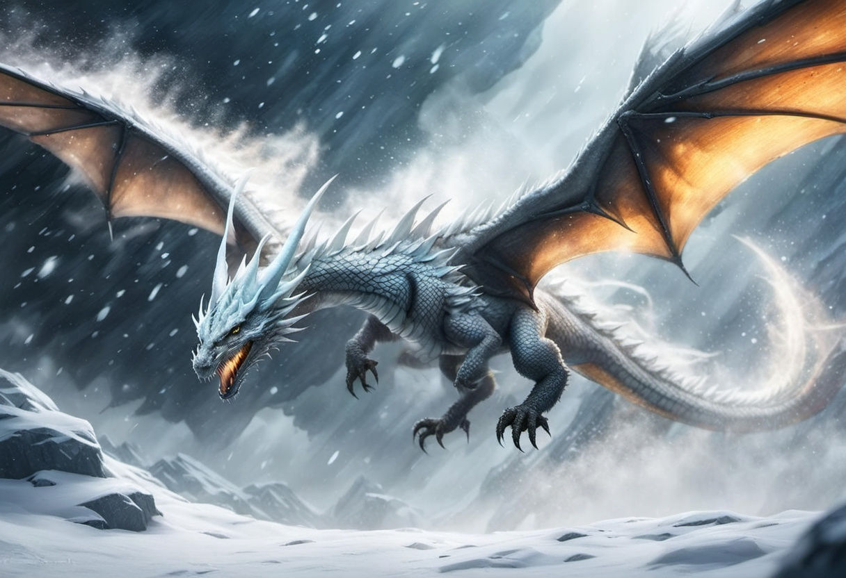 Majestic Blizzard Dragon Soars Through Stormy Skies