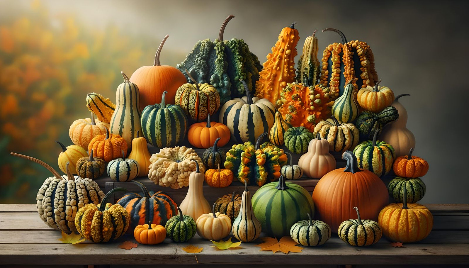 Exquisite Gourds on Rustic Table in Autumn Light