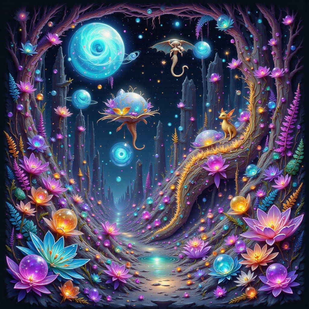 Whimsical Adventurer in Bioluminescent Crystal Cavern