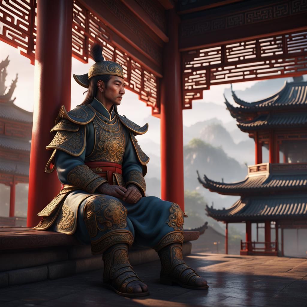 Relaxed Ancient Chinese Soldier in Pagoda