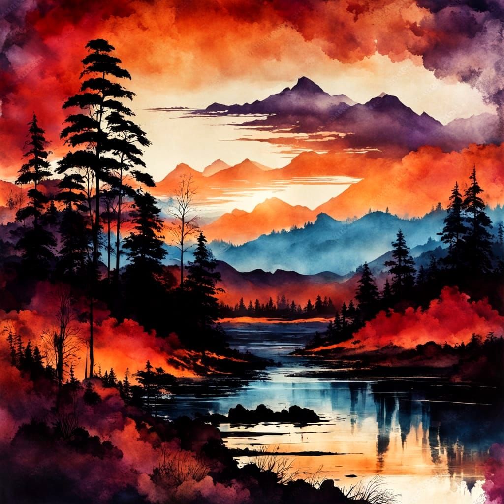 Deep Red-Orange Sunset Over Forest River Hills