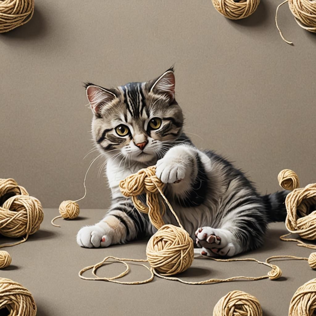 Realistic Cat Playfully Batting Yarn Ball