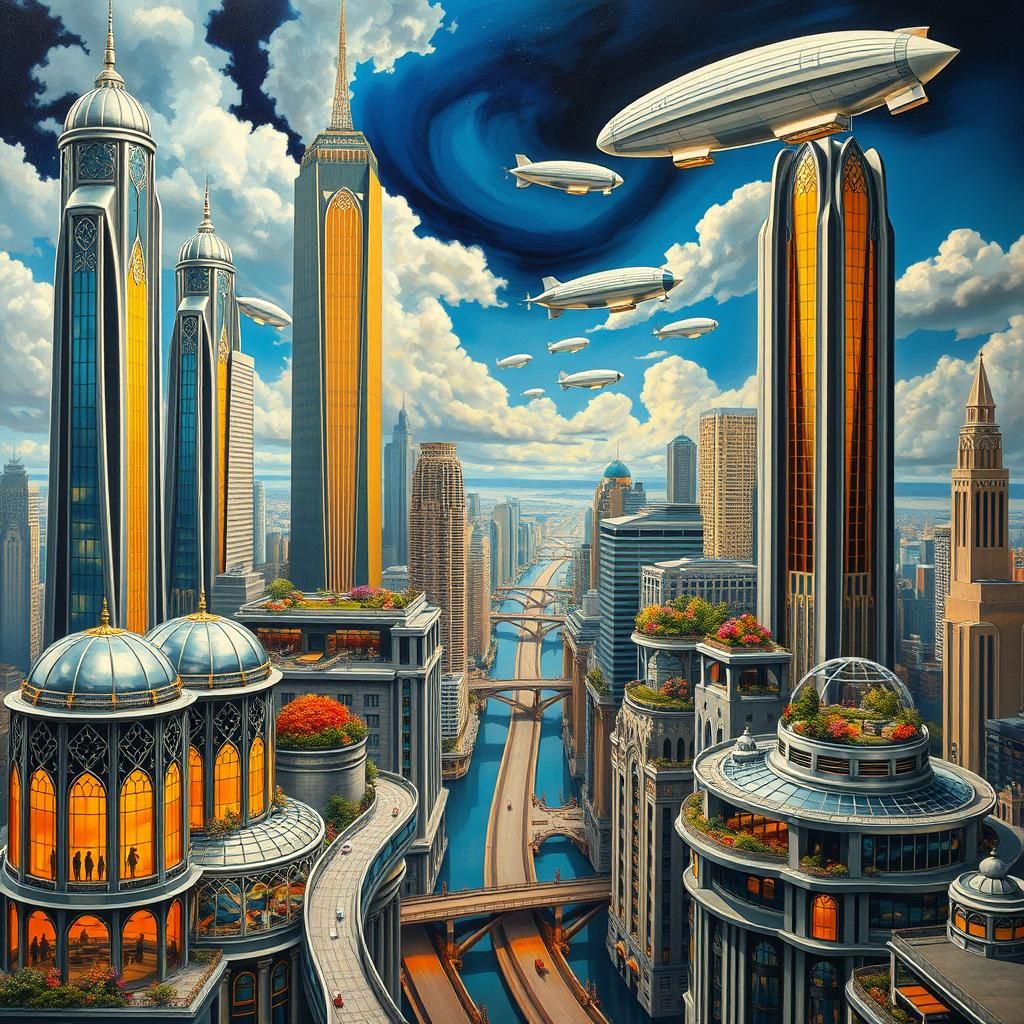 Art Deco Cityscape with Surrealist Elements