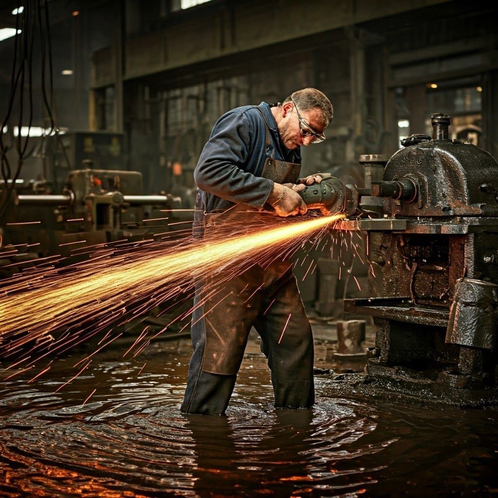 Soot-Stained Gravedigger Amidst Oil-Slick Industrial Wreckag...
