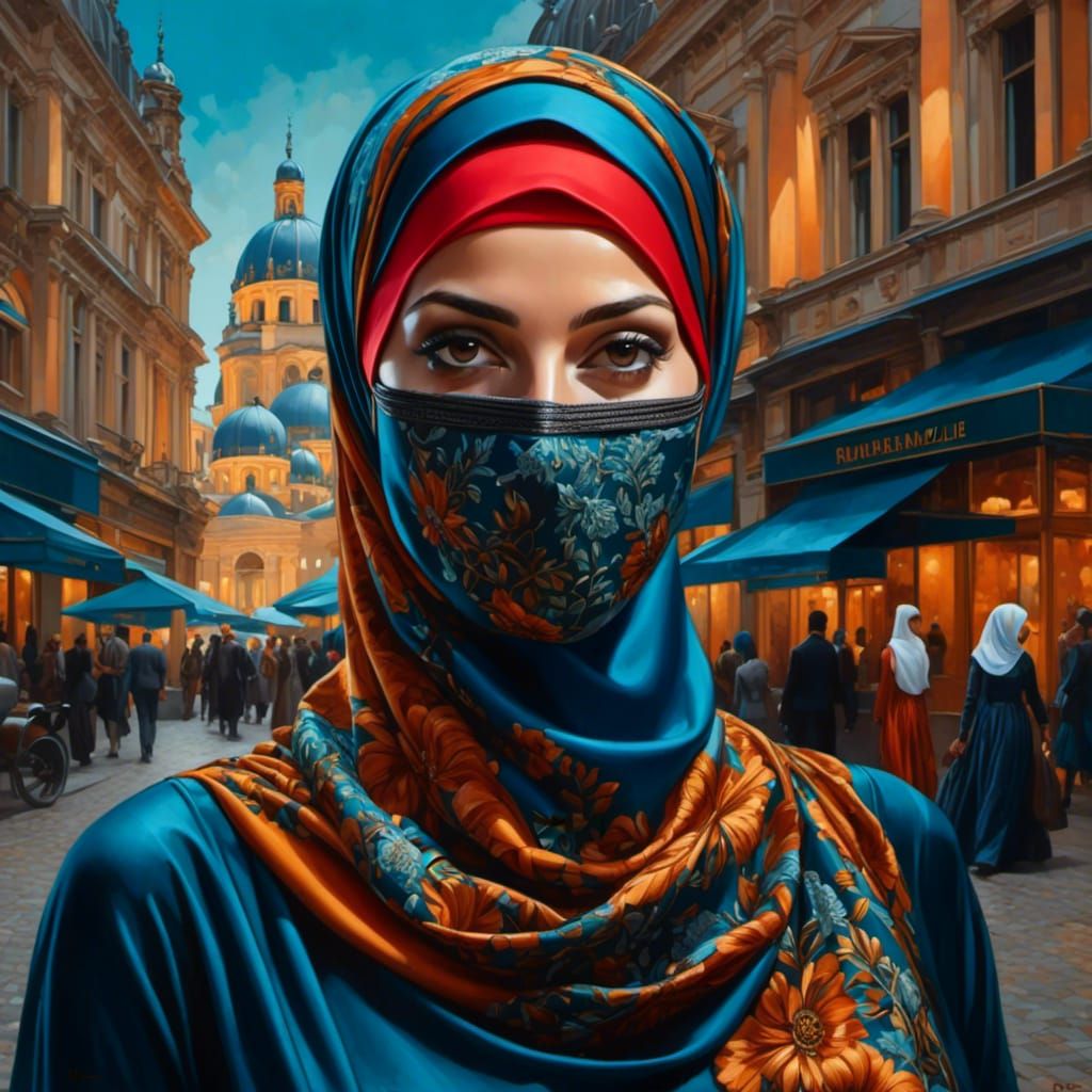 German Woman in Hijab and Mask: Oil Painting