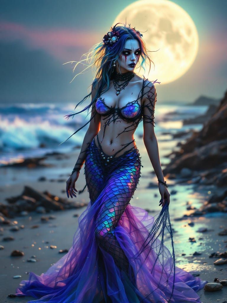 Horror Mermaid Costume on Desolate Beach