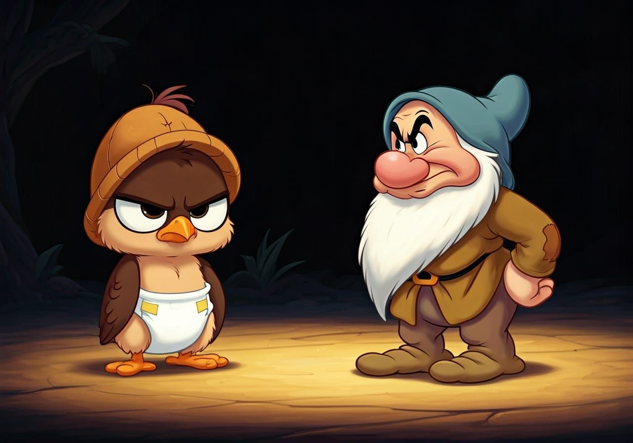 Grumpy Chick Confronts Grumpy Dwarf in Cartoon Style