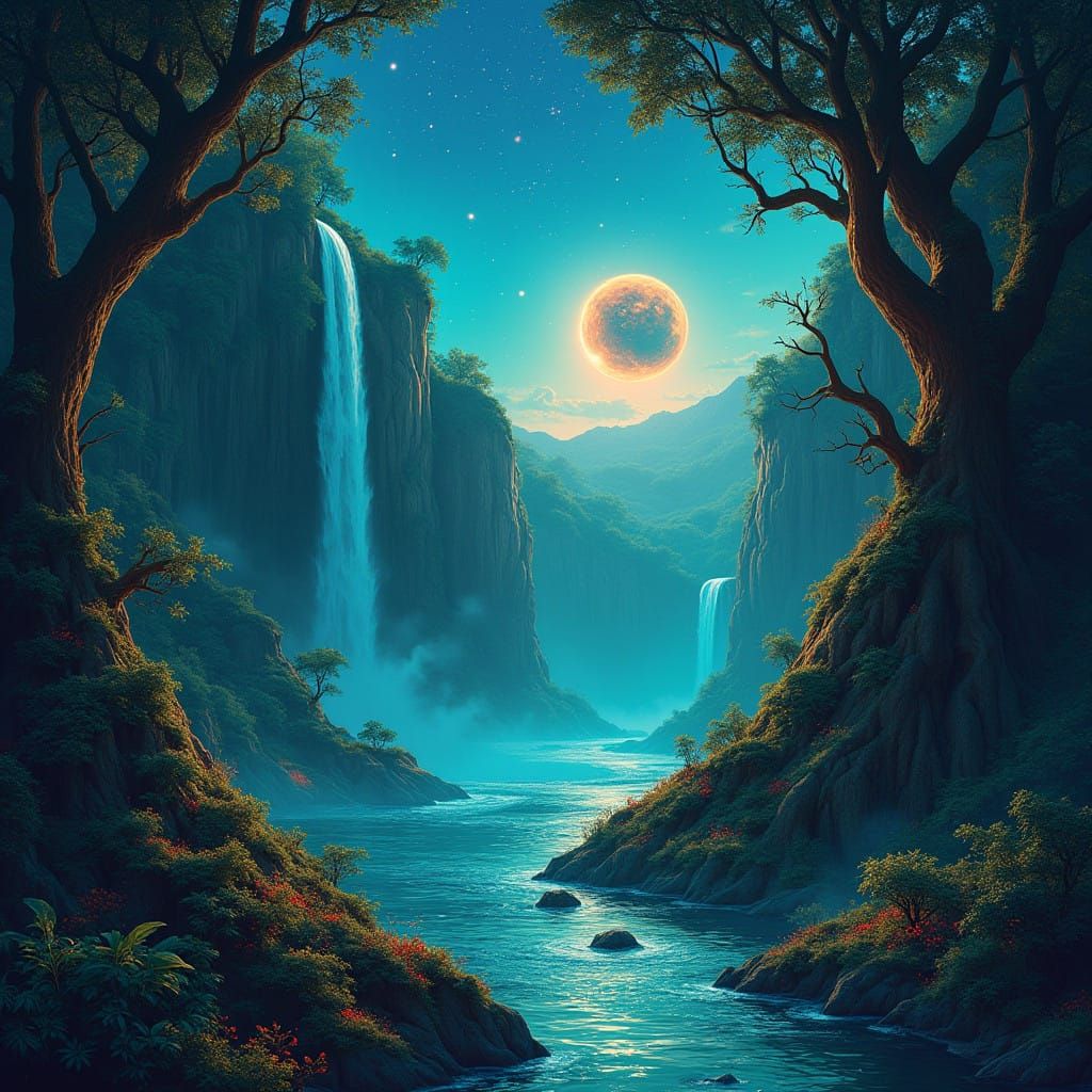 Turquoise Cascada under Starry Skies with a Glowing Planet i...
