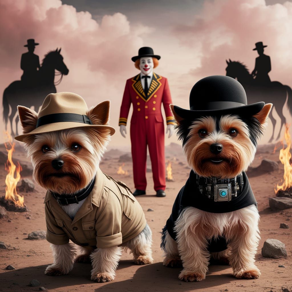 Yorkshire Terriers in a Futuristic Desert Scene