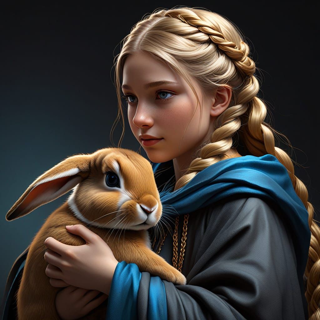 Mysterious Encounter of a Young Girl and a Dark Grey Bunny