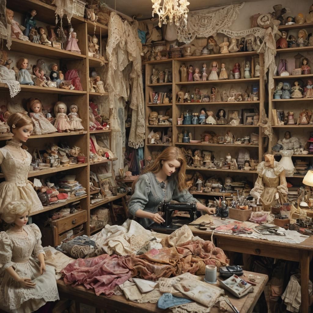 Woman Working on Vintage Dolls: Watercolor Digital Art
