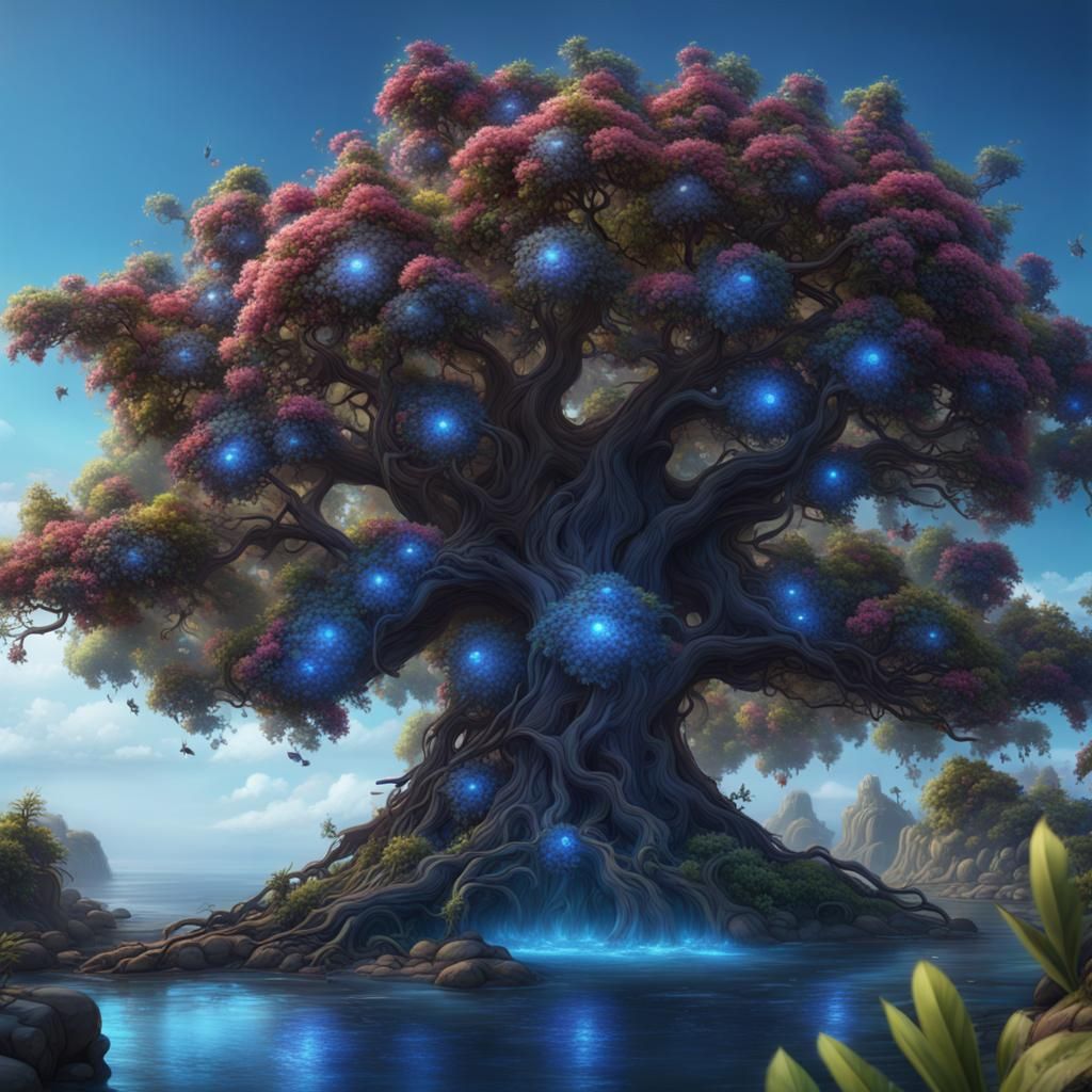 Glowing Blue Tree on Island: Fantasy Concept Art