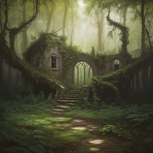 Whimsical Forest Ruin as Oil Painting