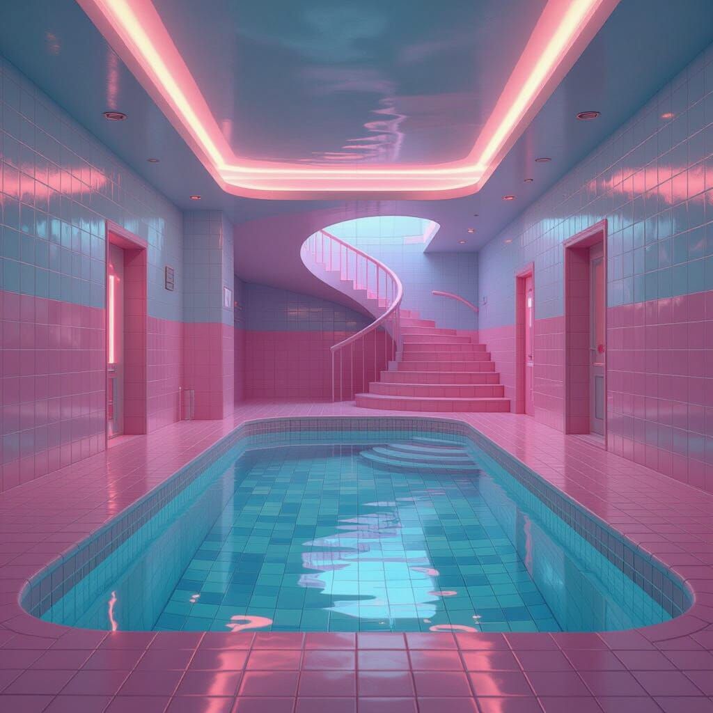 Dreamcore Pool Room with Spiral Staircase