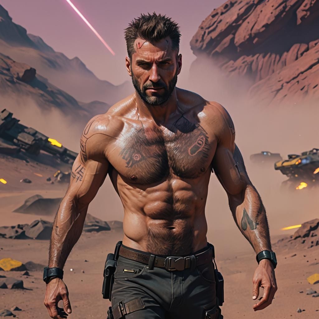 Shirtless Man Lands on Planet in Cyberpunk Style
