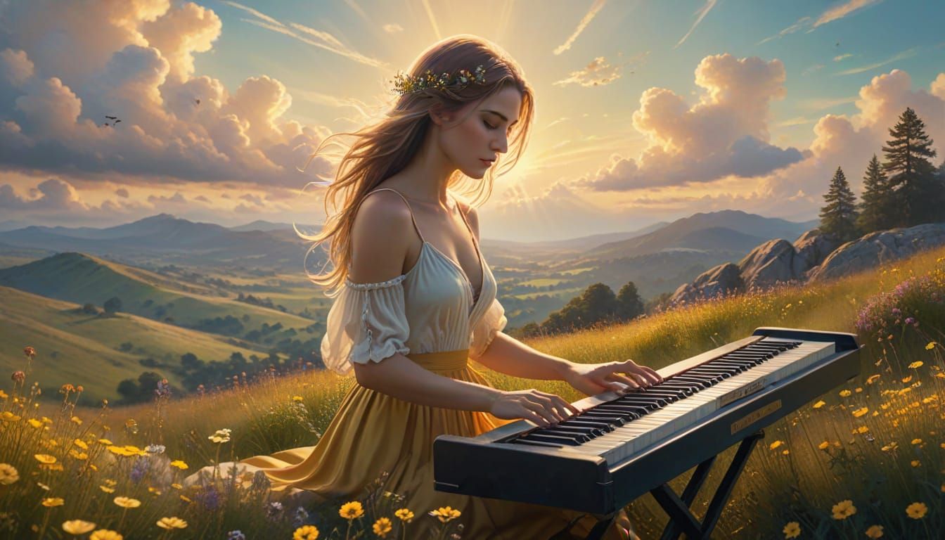 Woman Plays Keyboard on Hill in Watercolor Style