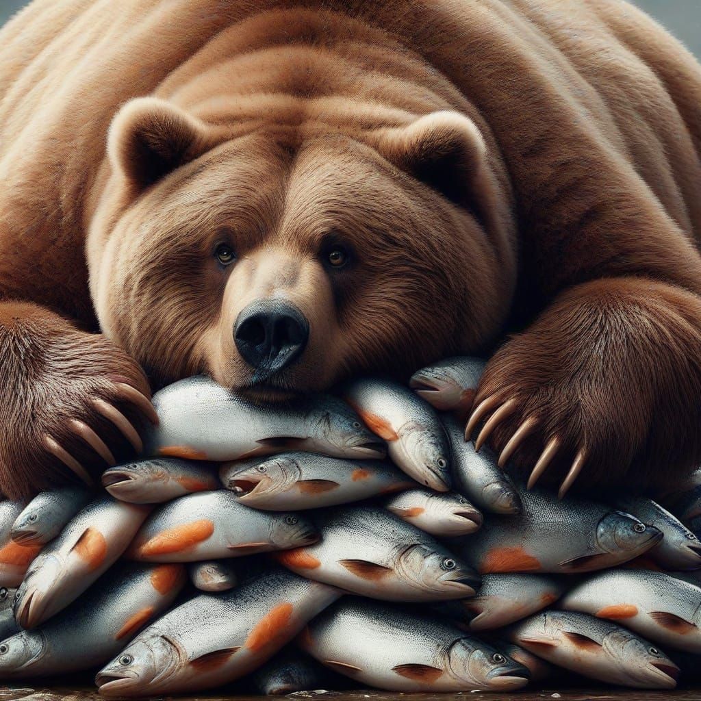Obese Bear Climbs Salmon Mountain: Hyperrealistic Close-up