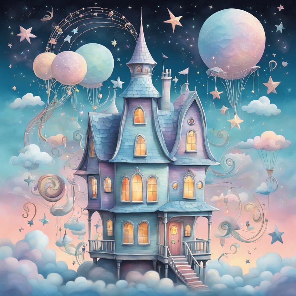 Musical Instrument House Floating in Pastel Sky