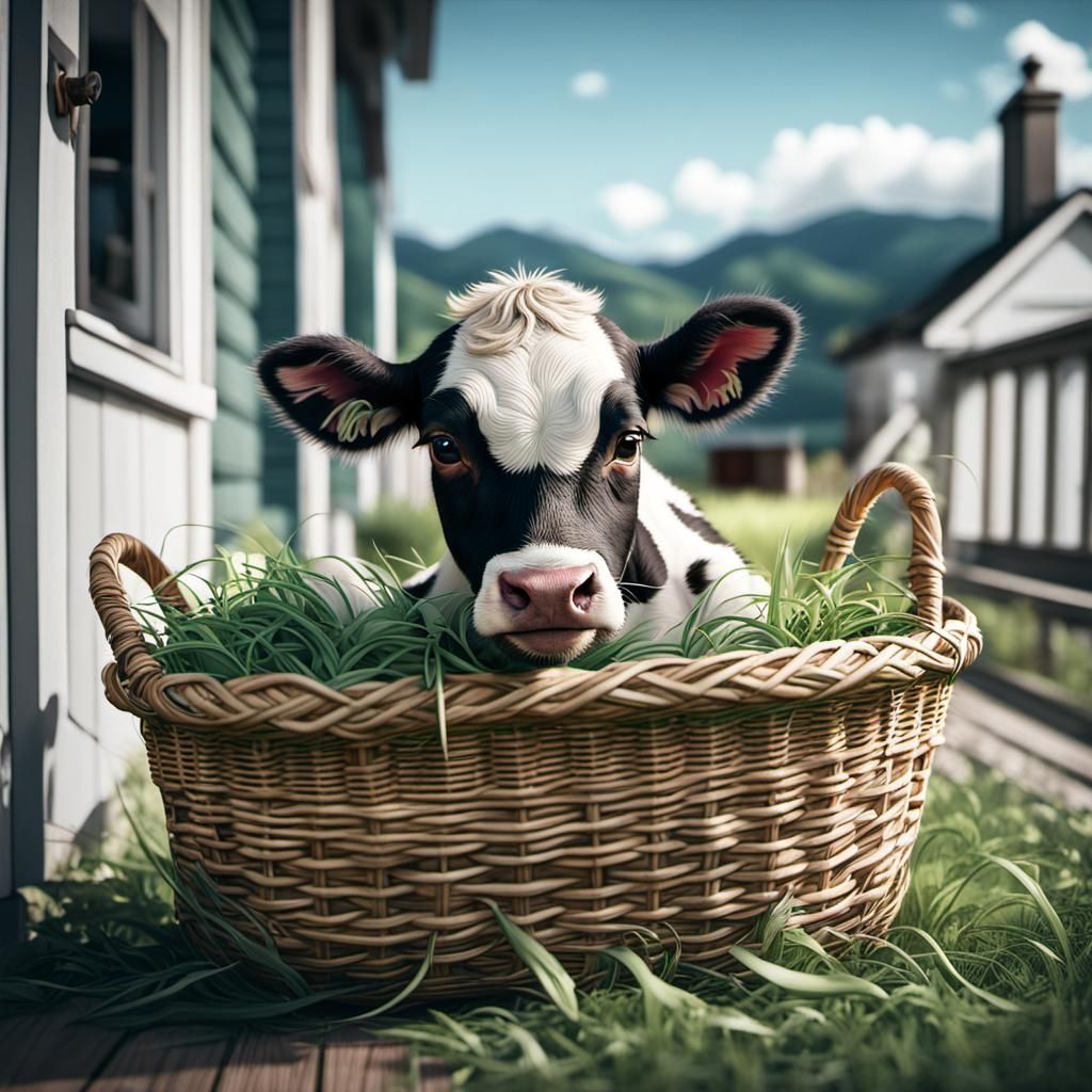 Cute Kawaii Baby Cow Calf on a Porch