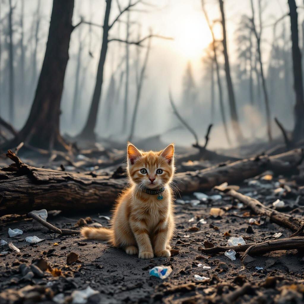 Devastated Forest with Sad Kitten, Photorealistic HDR