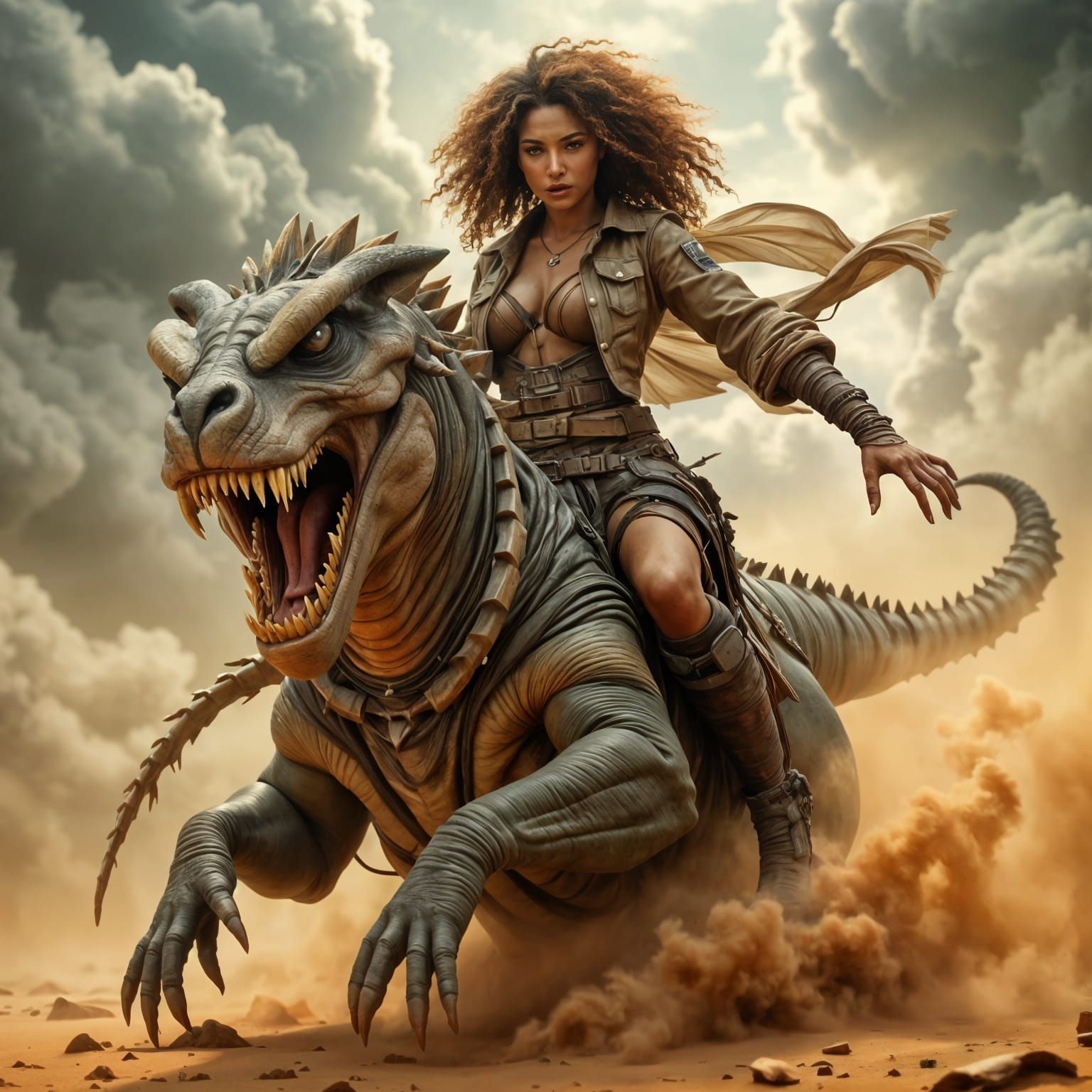 Hyperrealistic Retroweird Scifi Damsel Riding a Fierce Monst...