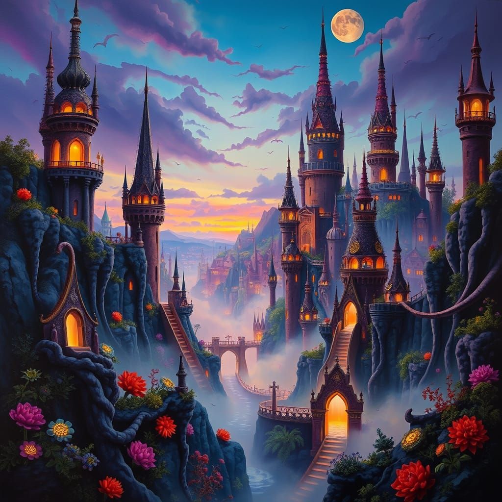 Surreal Fantastical Cityscape at Twilight as Oil Painting