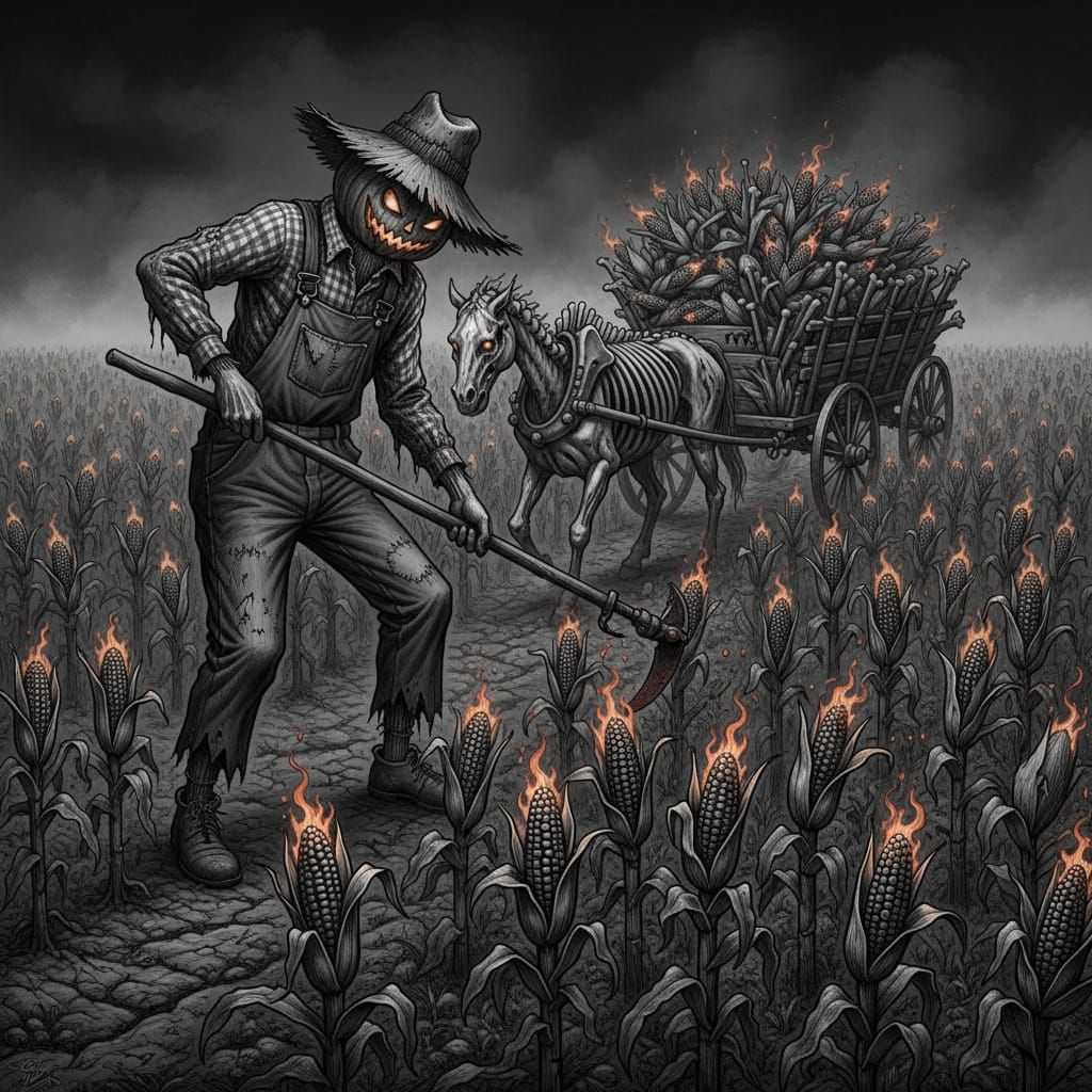 Creepy Scarecrow Harvests Fiery Demonic Corn at Night