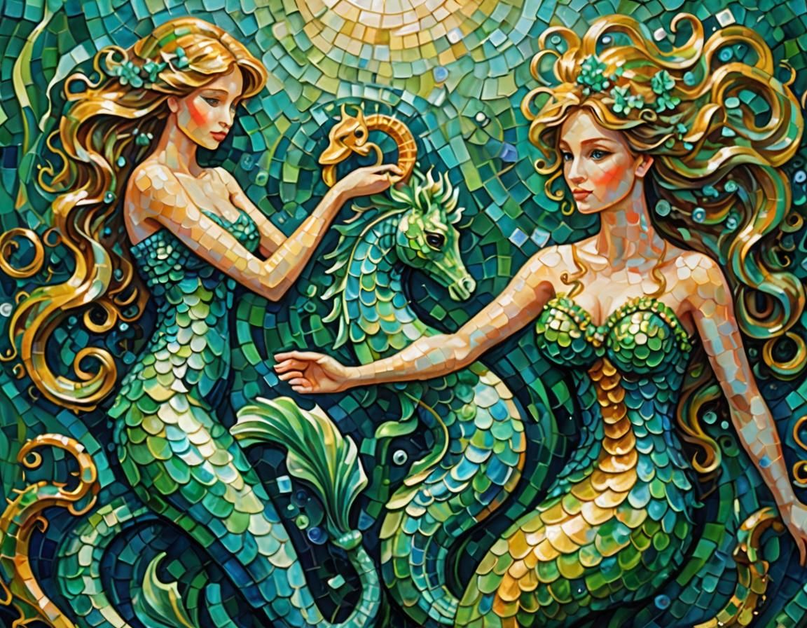 Mermaids on Seahorse in Neo-Impressionist Oil Painting
